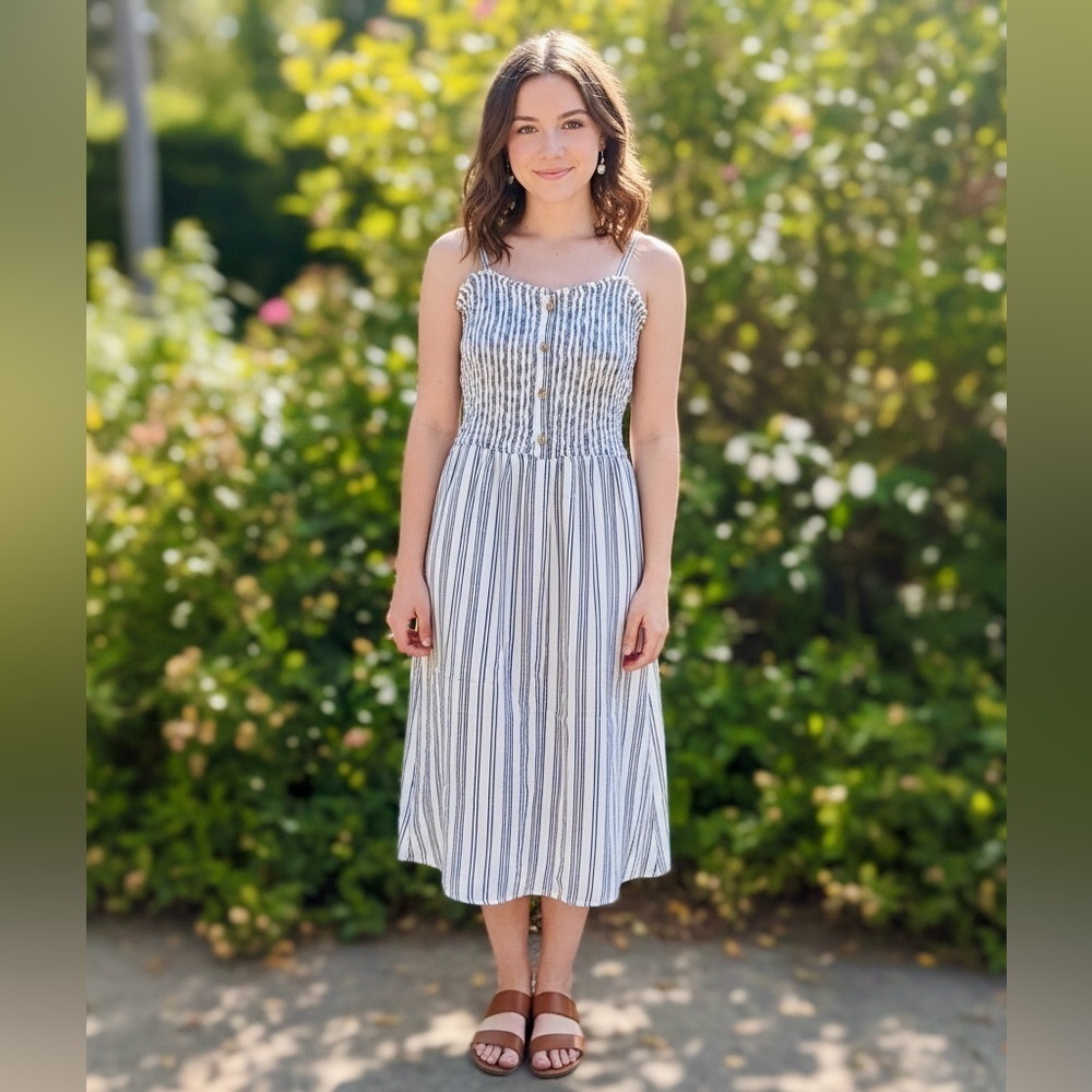 Hollister Blue & White Striped Smocked Button-Front Dress/Jumpsuit size L